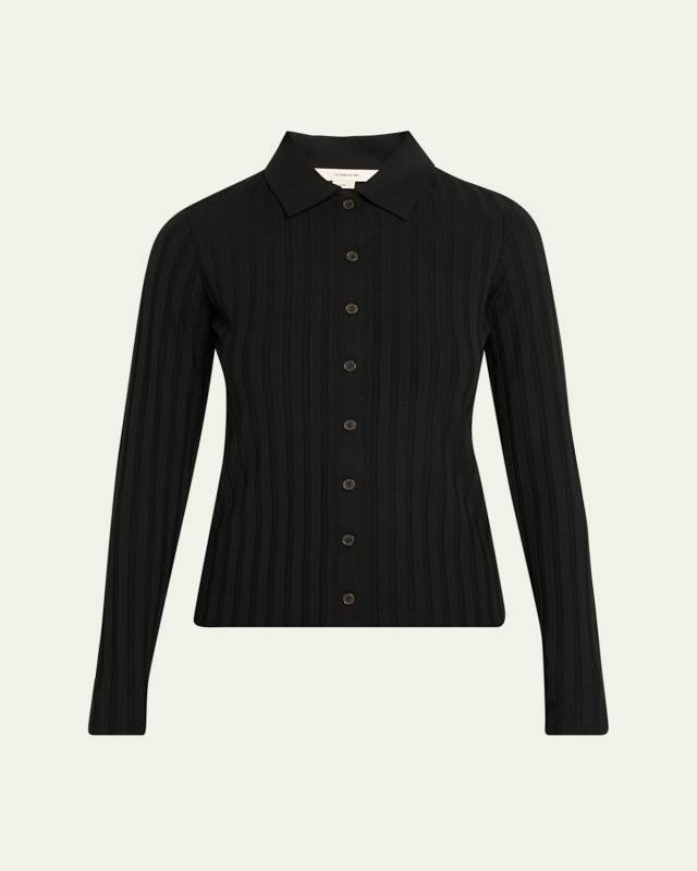 Long-Sleeve Ribbed Button-Front Top